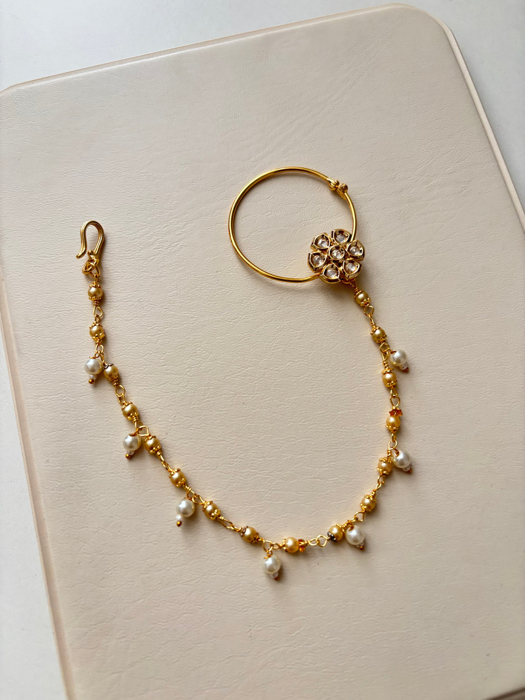 Flower Kundan Press On Nose Ring With Side Layer
