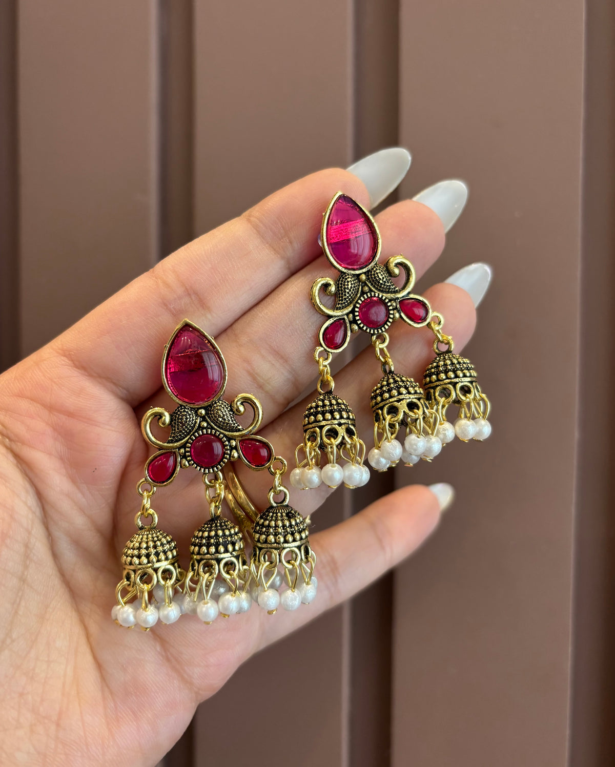 Dipti 3 Jhumki Touch Earrings (Pink)