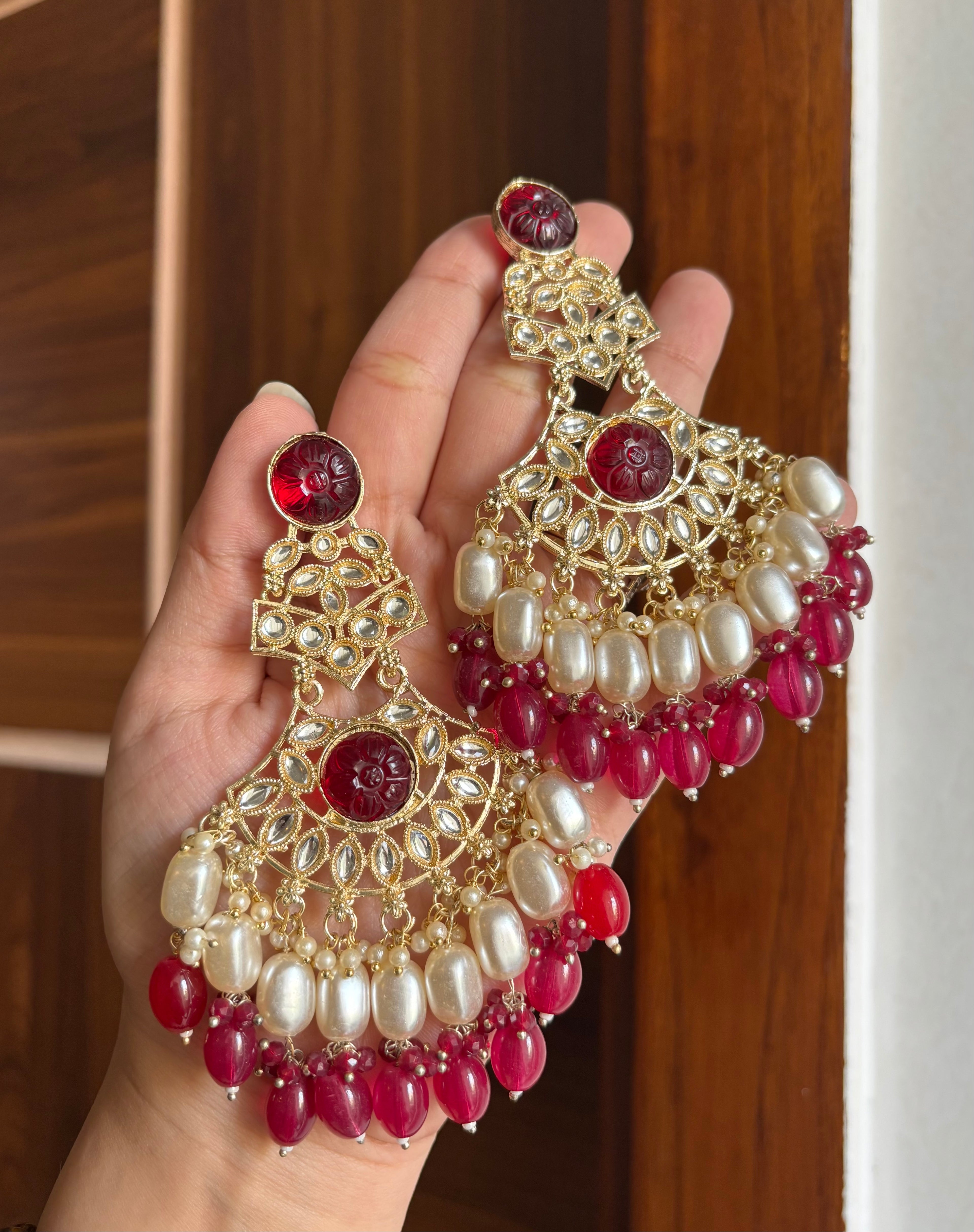 High Quality Designer Kundan & Pearl Touch Long Earrings (Ruby)