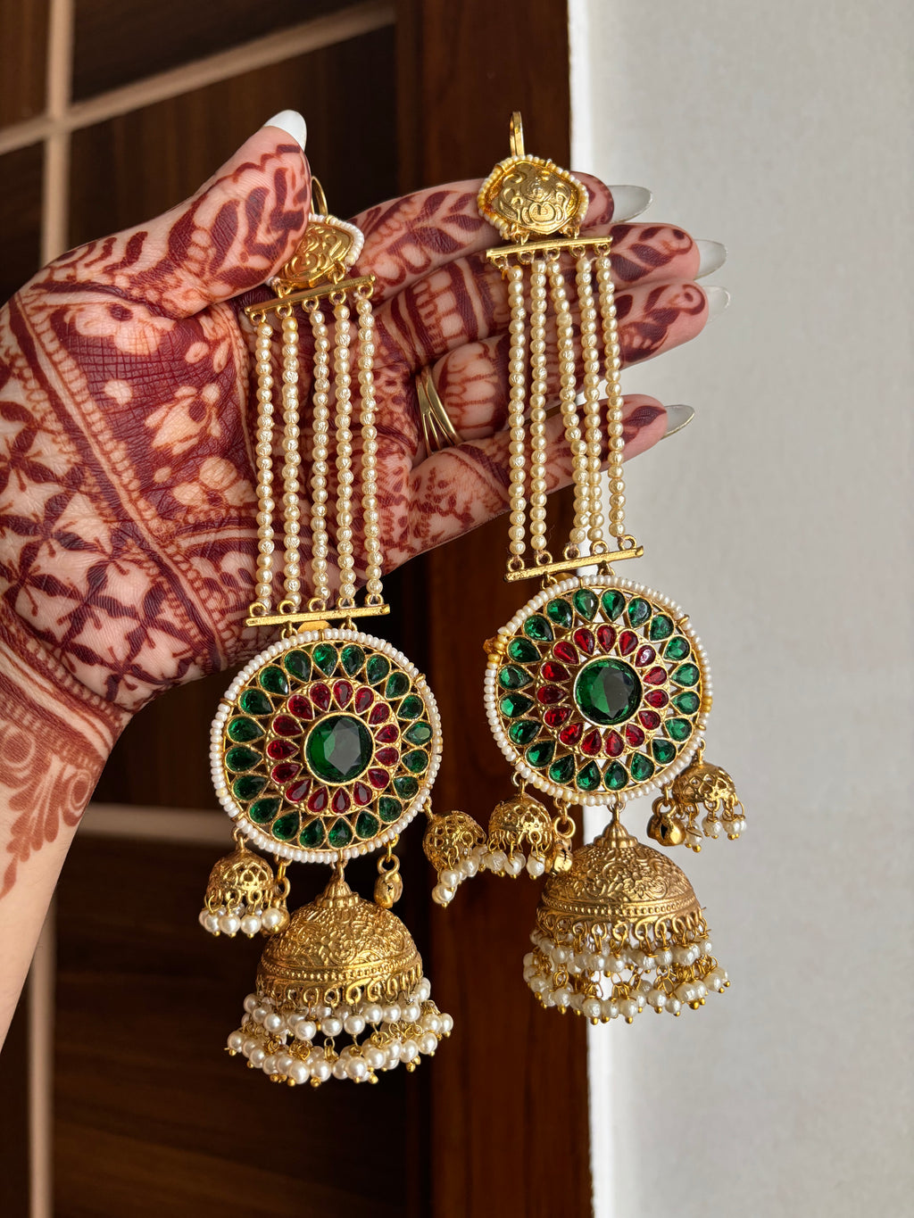 Gurpreet Brass Jhumkas With Sahara (Emerald/Maroon)