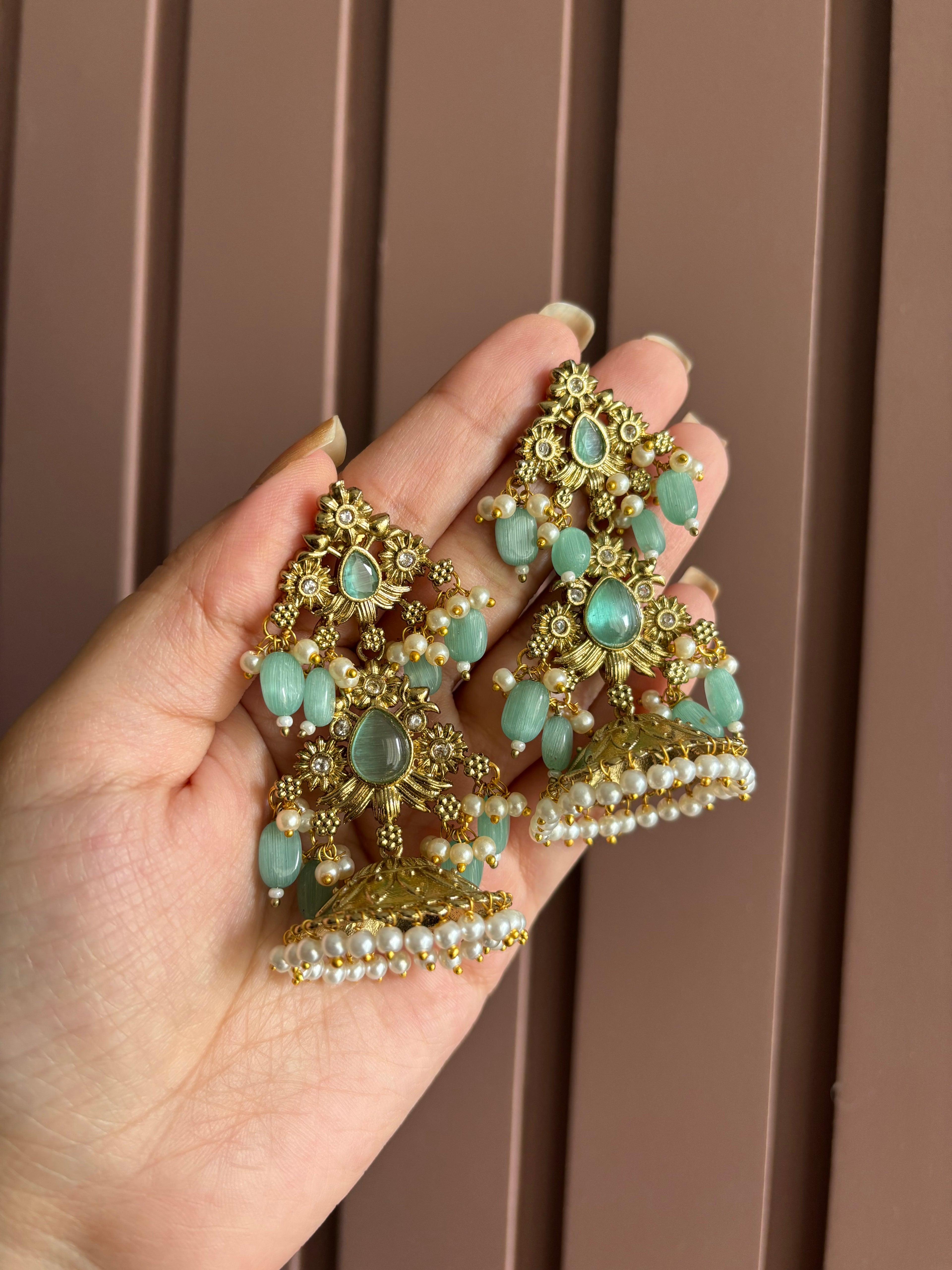 Mansi Designer Brass Jhumkas (Turquoise)