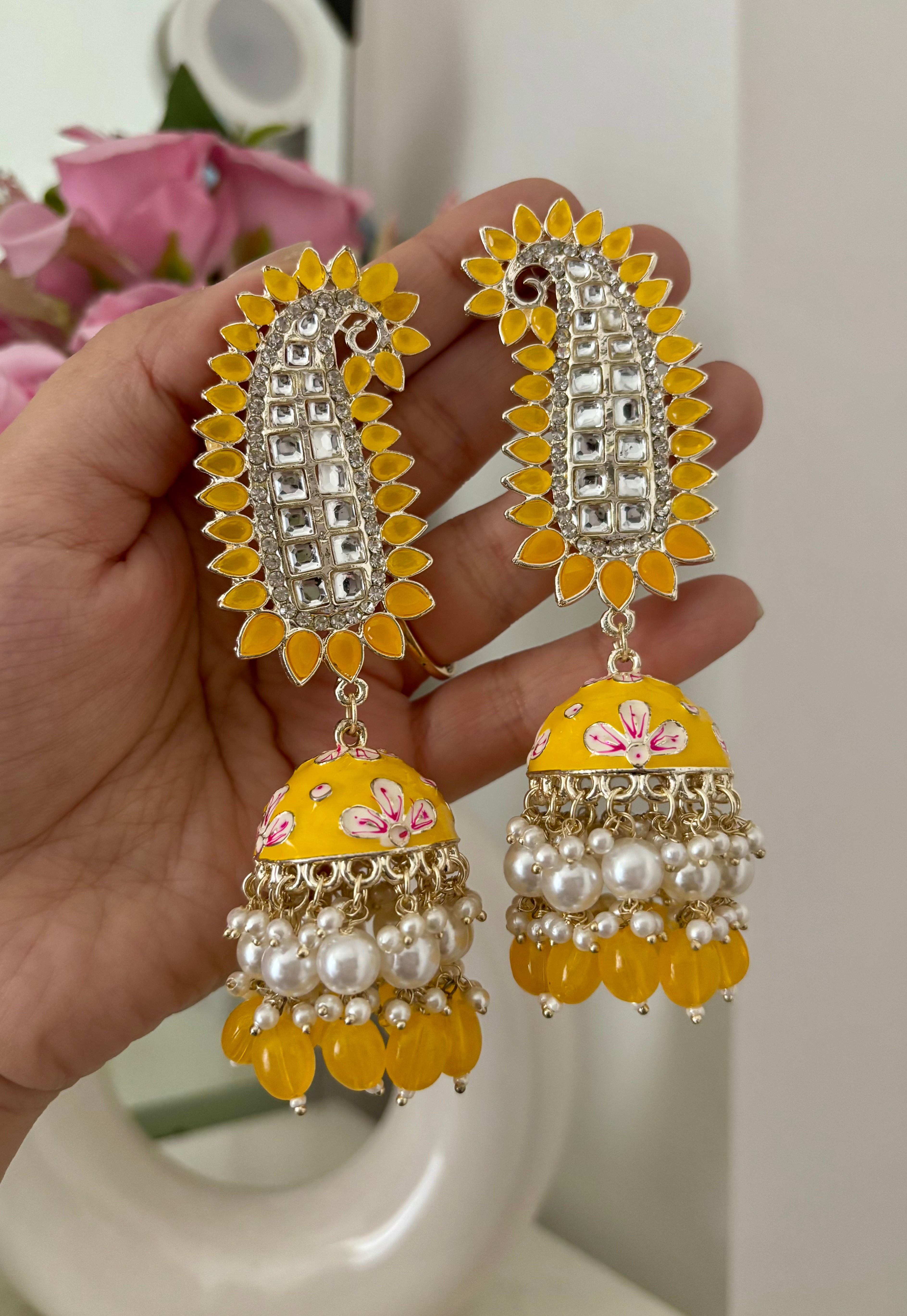 Yellow Kundan & Meenakari Touch Long Earrings