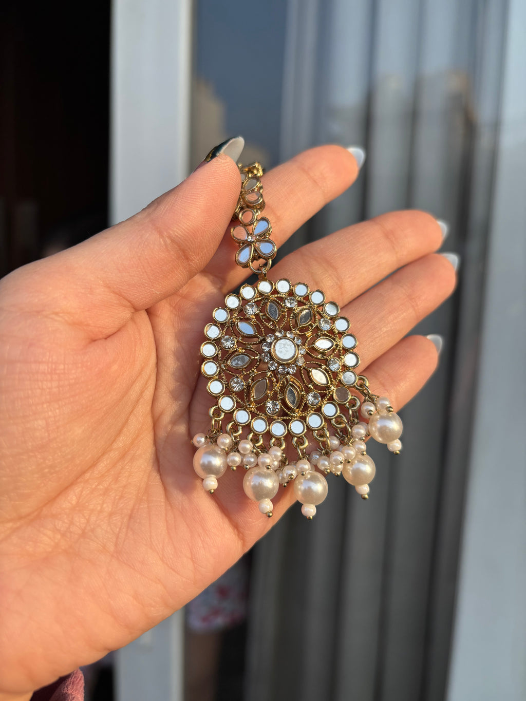 Nadia High Quality Designer Mirror Cut Mang Tikka With Jhumkas & Detachable Earchain