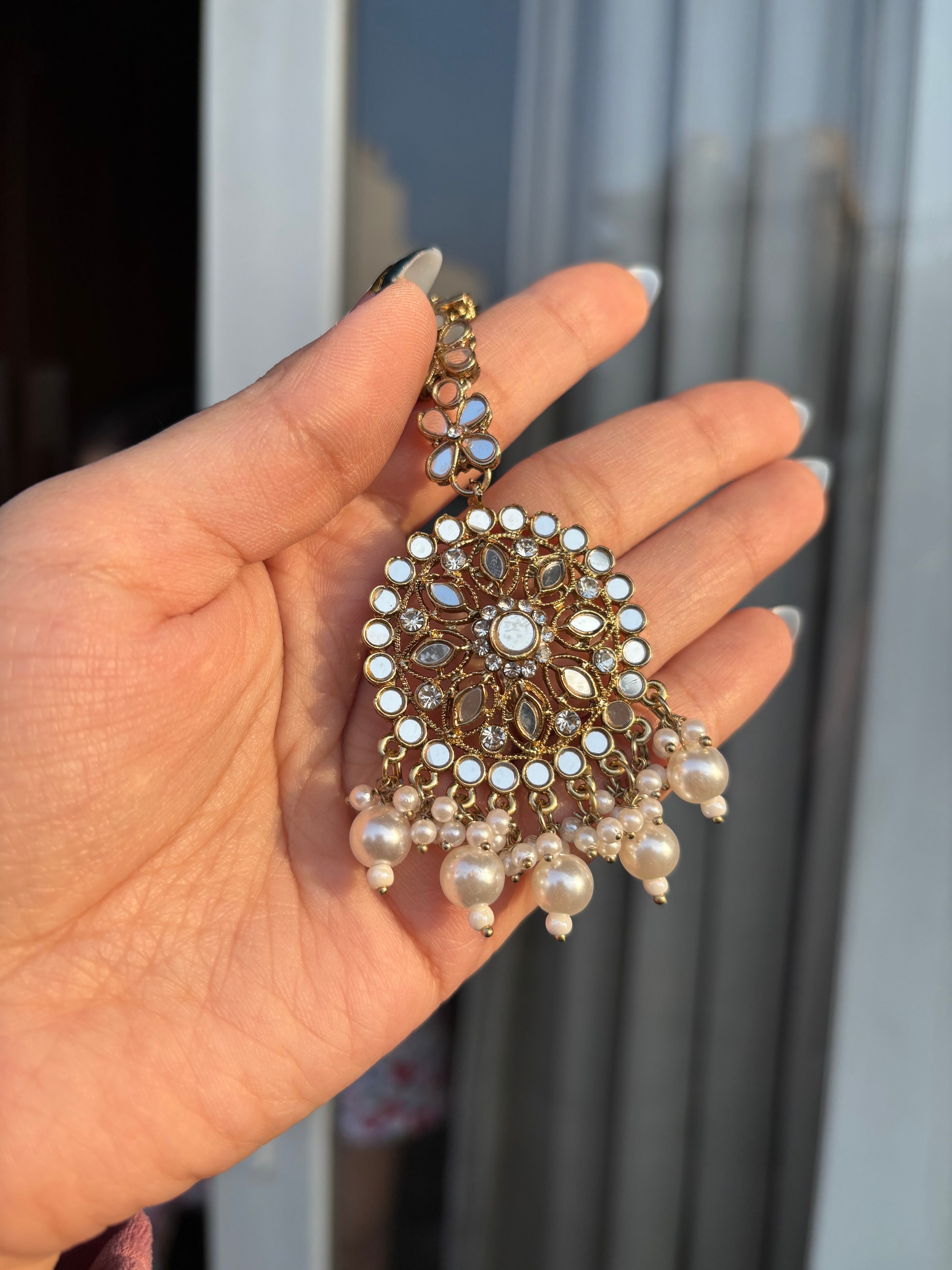 Nadia High Quality Designer Mirror Cut Mang Tikka With Jhumkas & Detachable Earchain