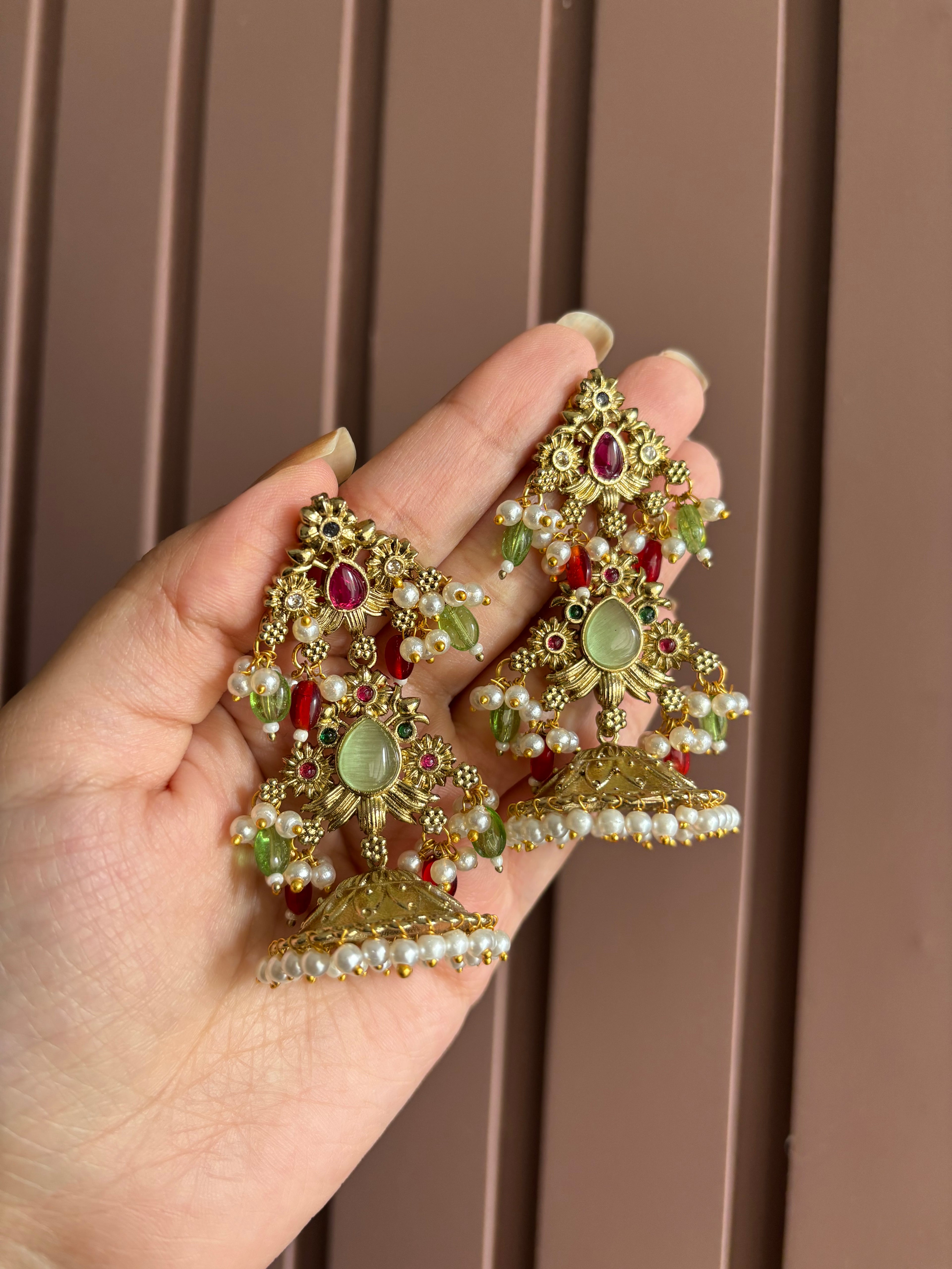 Mansi Designer Brass Jhumkas (Mint & Maroon)