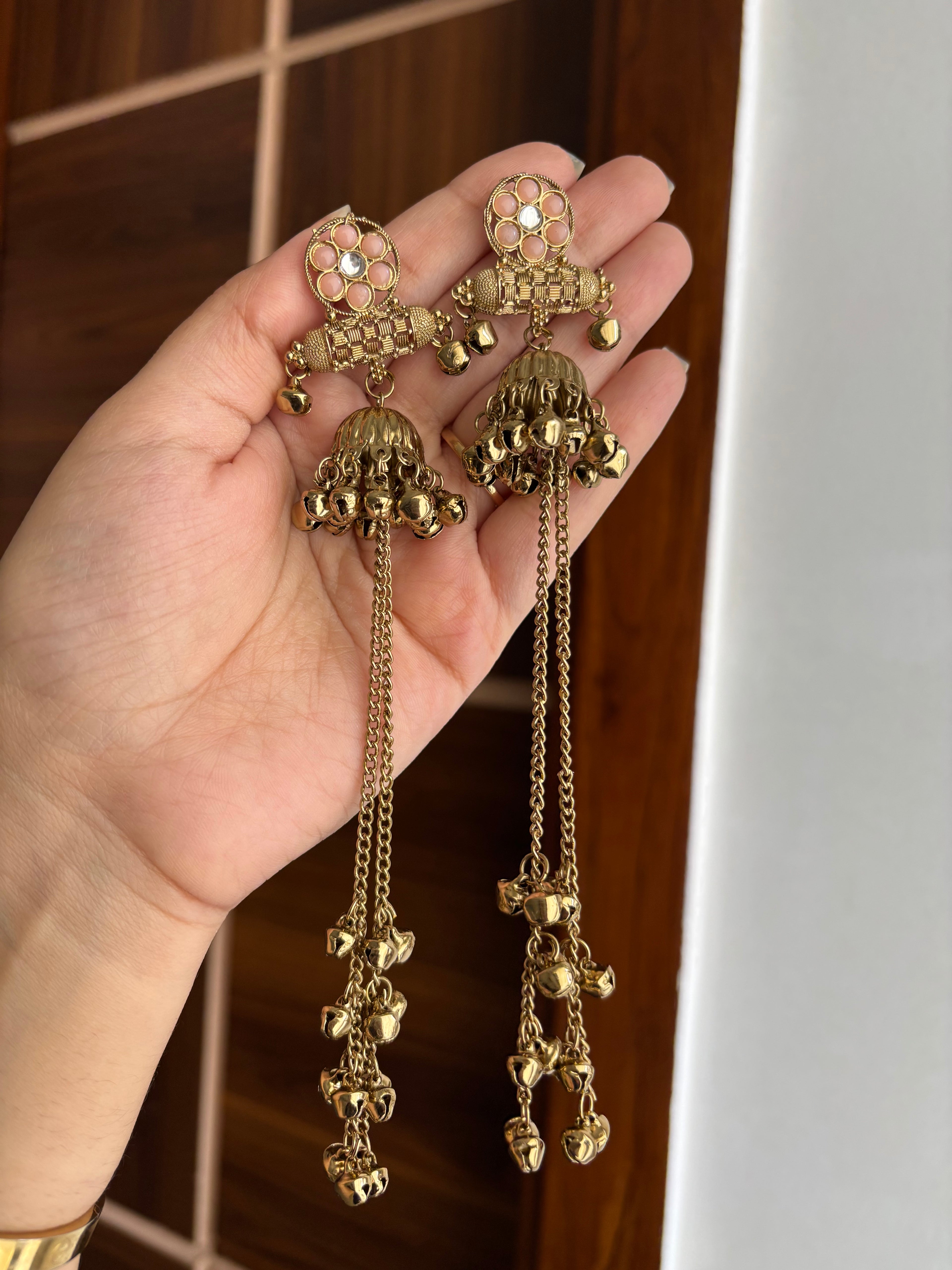 Daisy Kashmiri Jhumkas With Long Layers (Peach)