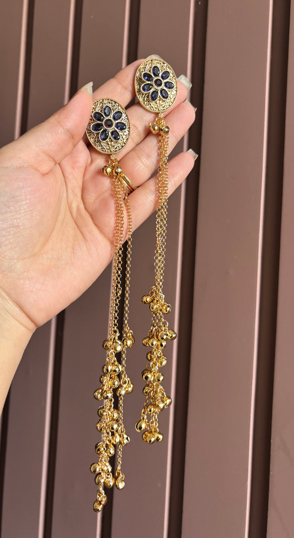 Navy Blue Oval Kashmiri Long Earrings