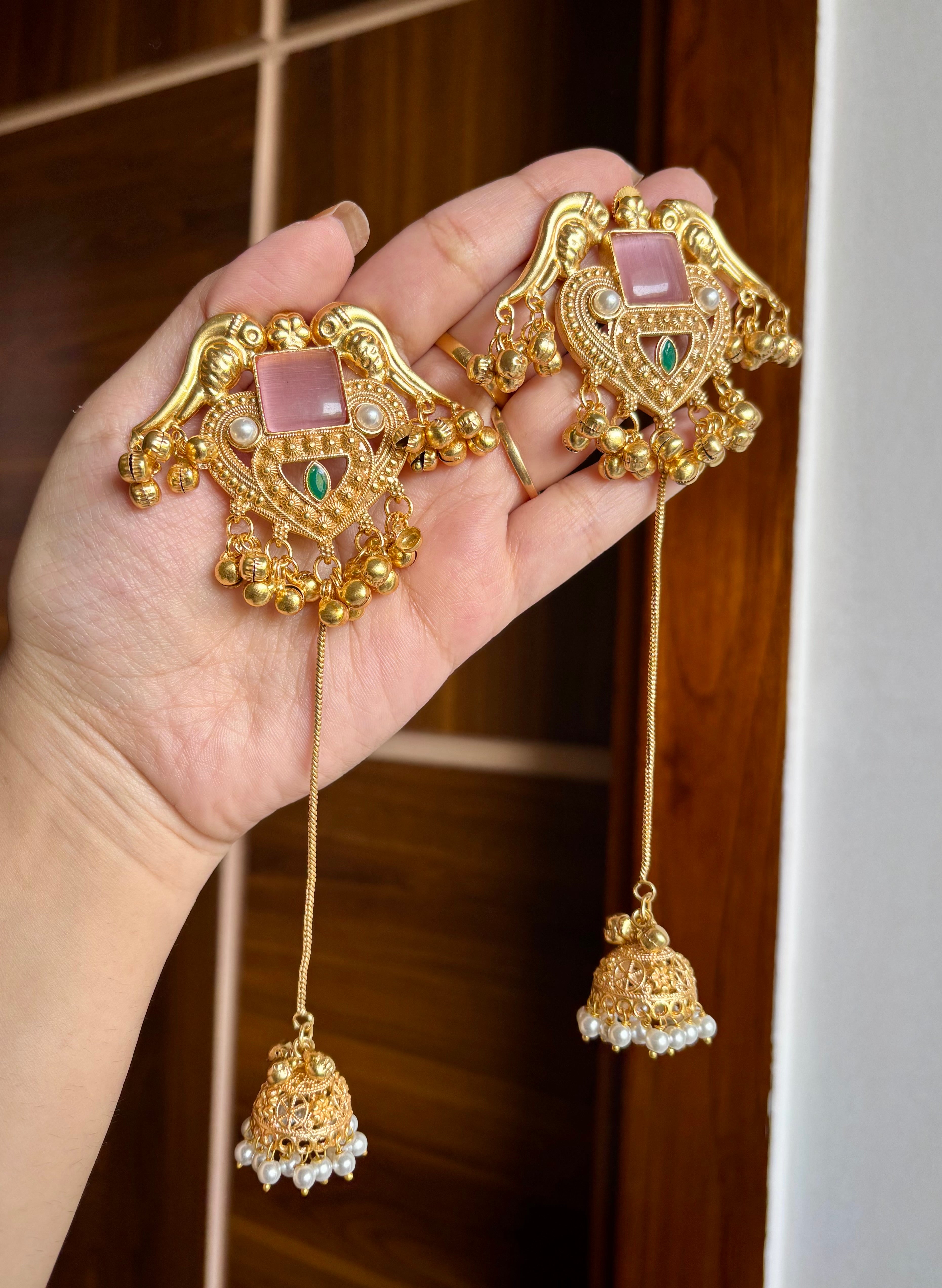 Payal Brass Long Earrings ( Pink )