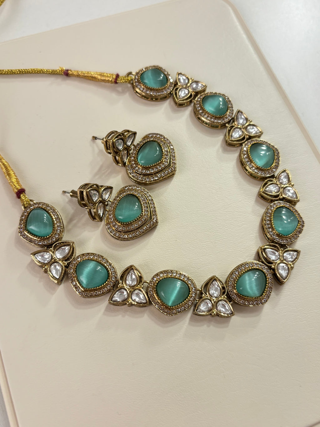 Premium Sleek Moissanite & Doublet Stones Work Necklace With Earrings (Turquoise)