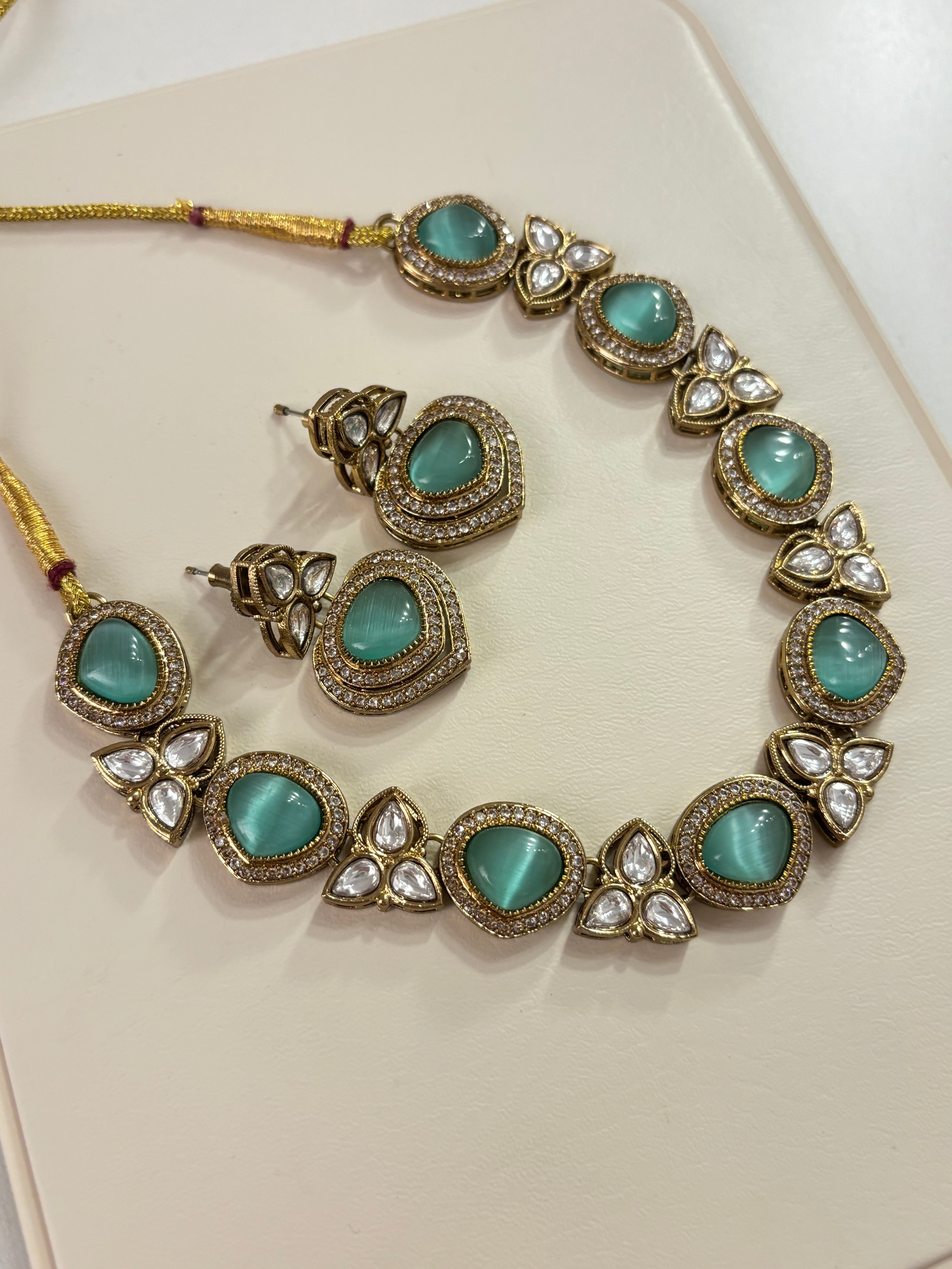 Premium Sleek Moissanite & Doublet Stones Work Necklace With Earrings (Turquoise)