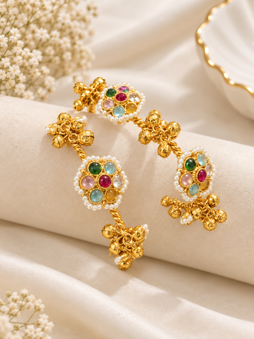 3 Flower Brass Kashmiri Ghungroo Adjustable Bangles (Multi)