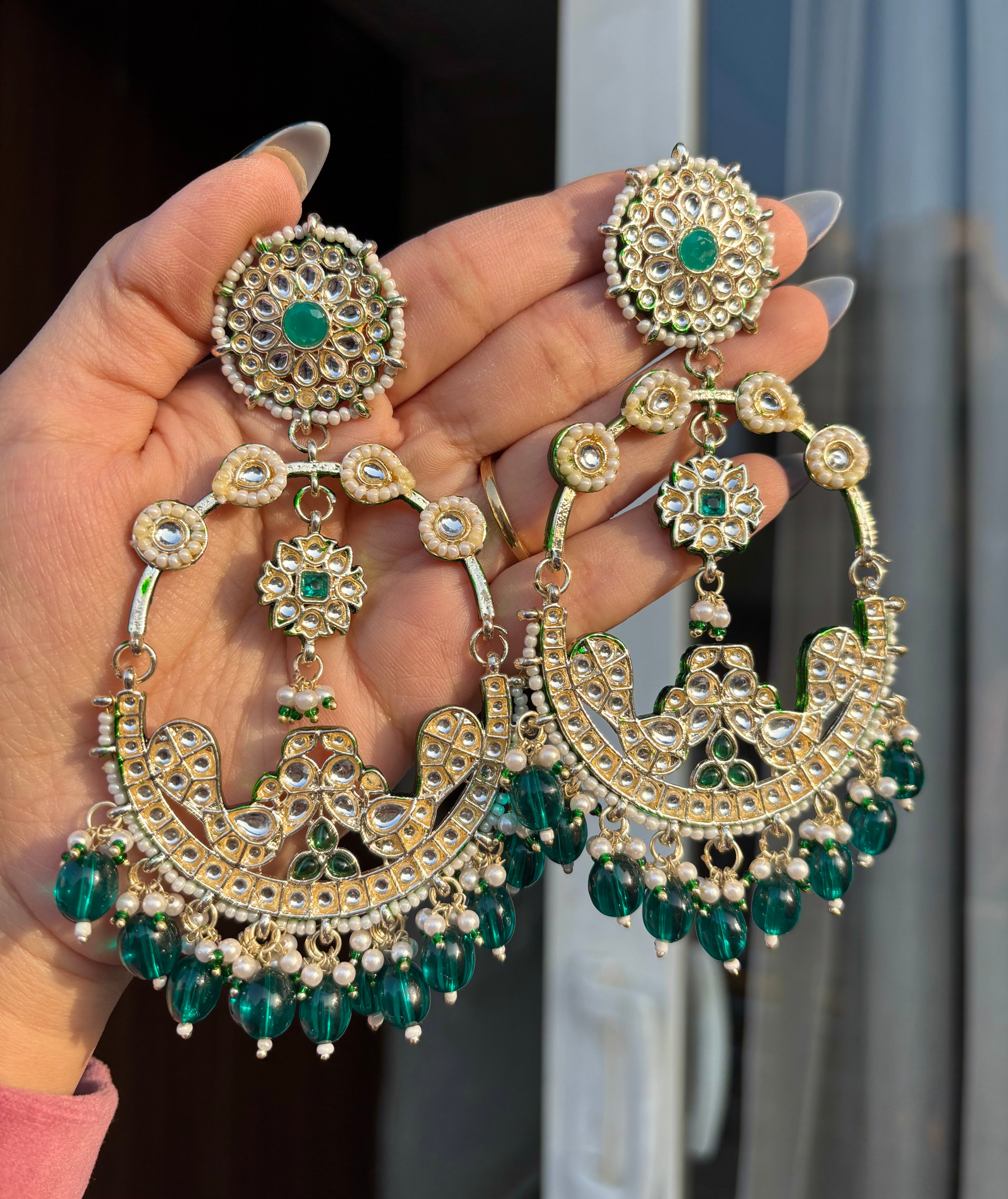 Dark Green Kundan Chandbali Earrings