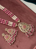 Premium Designer Kundan Haar With Earrings (Pink)