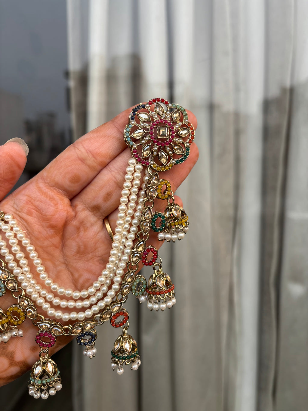 Multi Navratan Stud Earrings With Side Layers