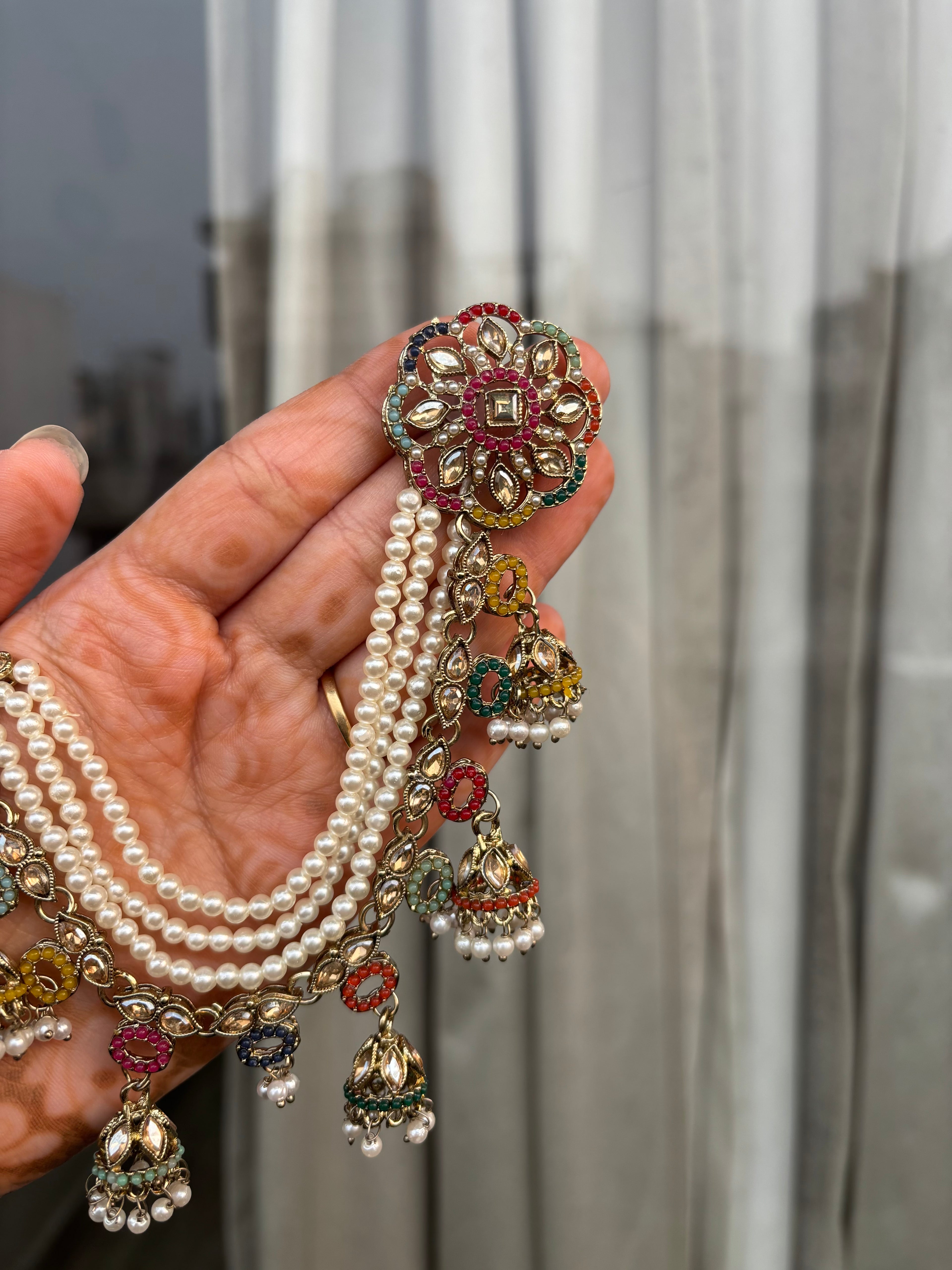 Multi Navratan Stud Earrings With Side Layers