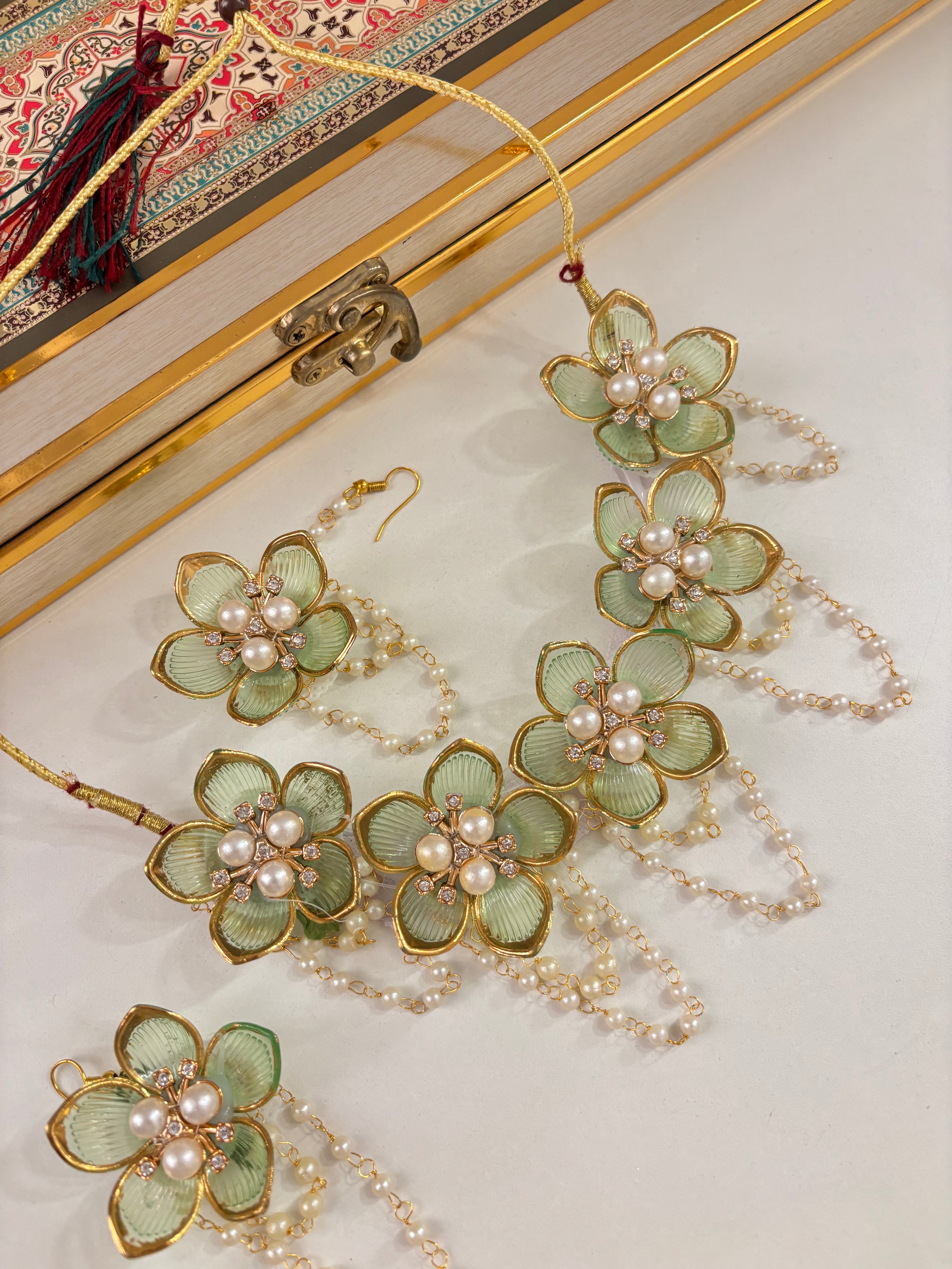 Flower Petal Floral Necklace With Mang Tikka & Earrings (Mint)
