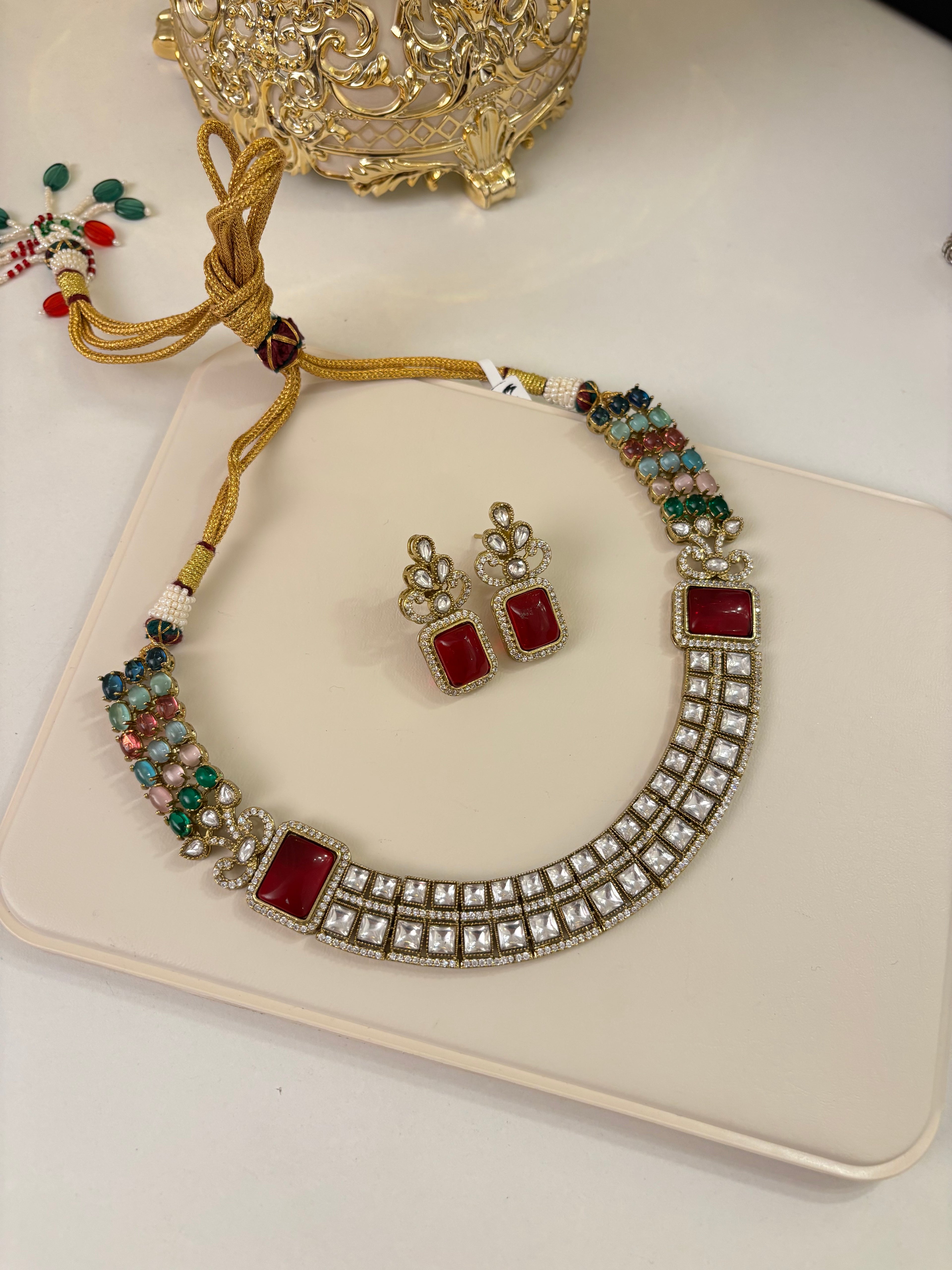 Premium Double Layer Look Like Moissanite & Doublet Stones Work Necklace With Earrings (Multi)