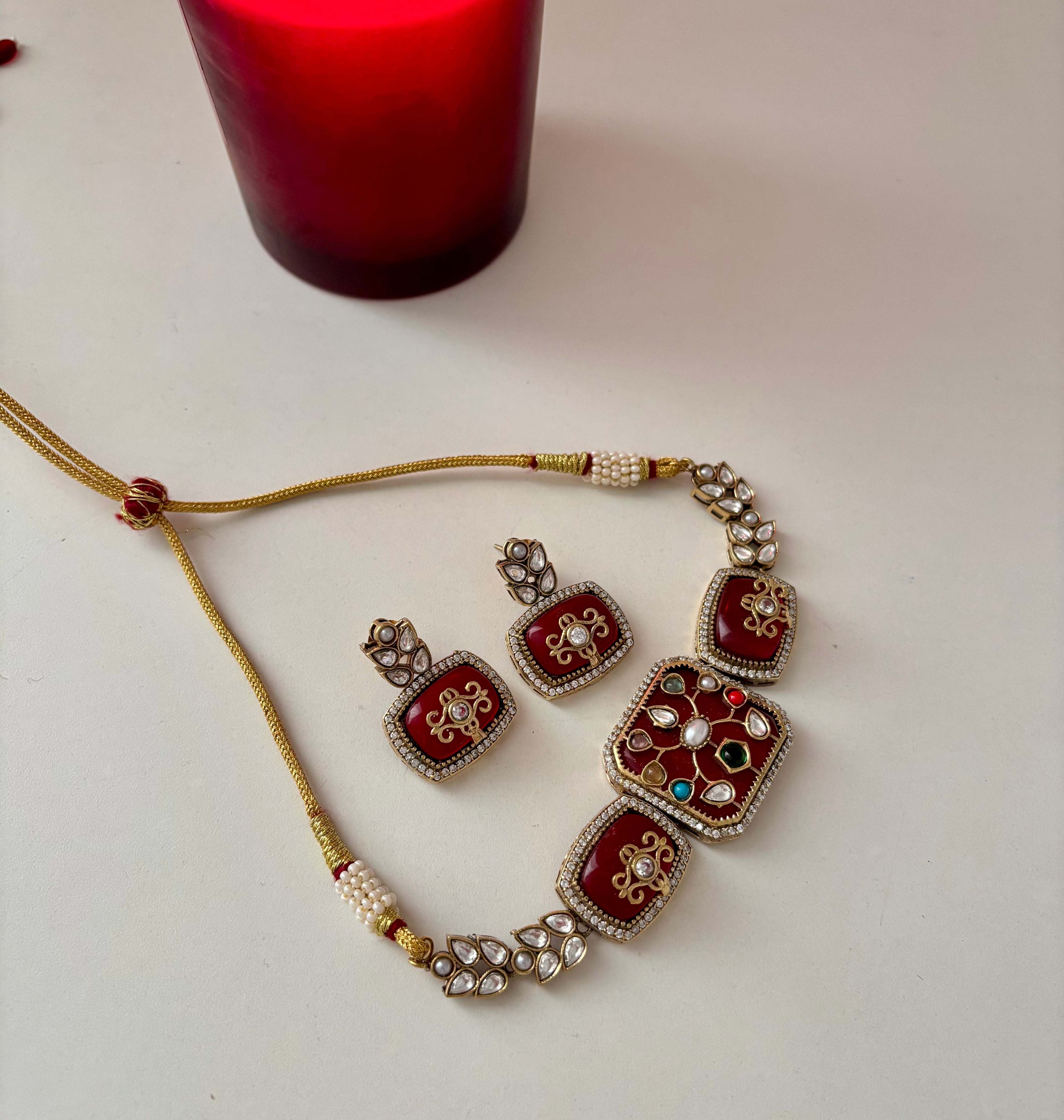 Ruhi Premium Moissanite Stone Work Choker Set With Earrings (Maroon)