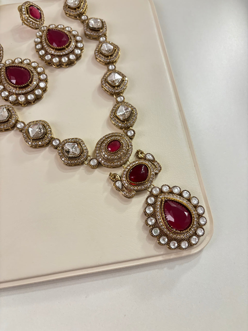 Premium Long Moissanite Necklace With Earrings (Maroon)