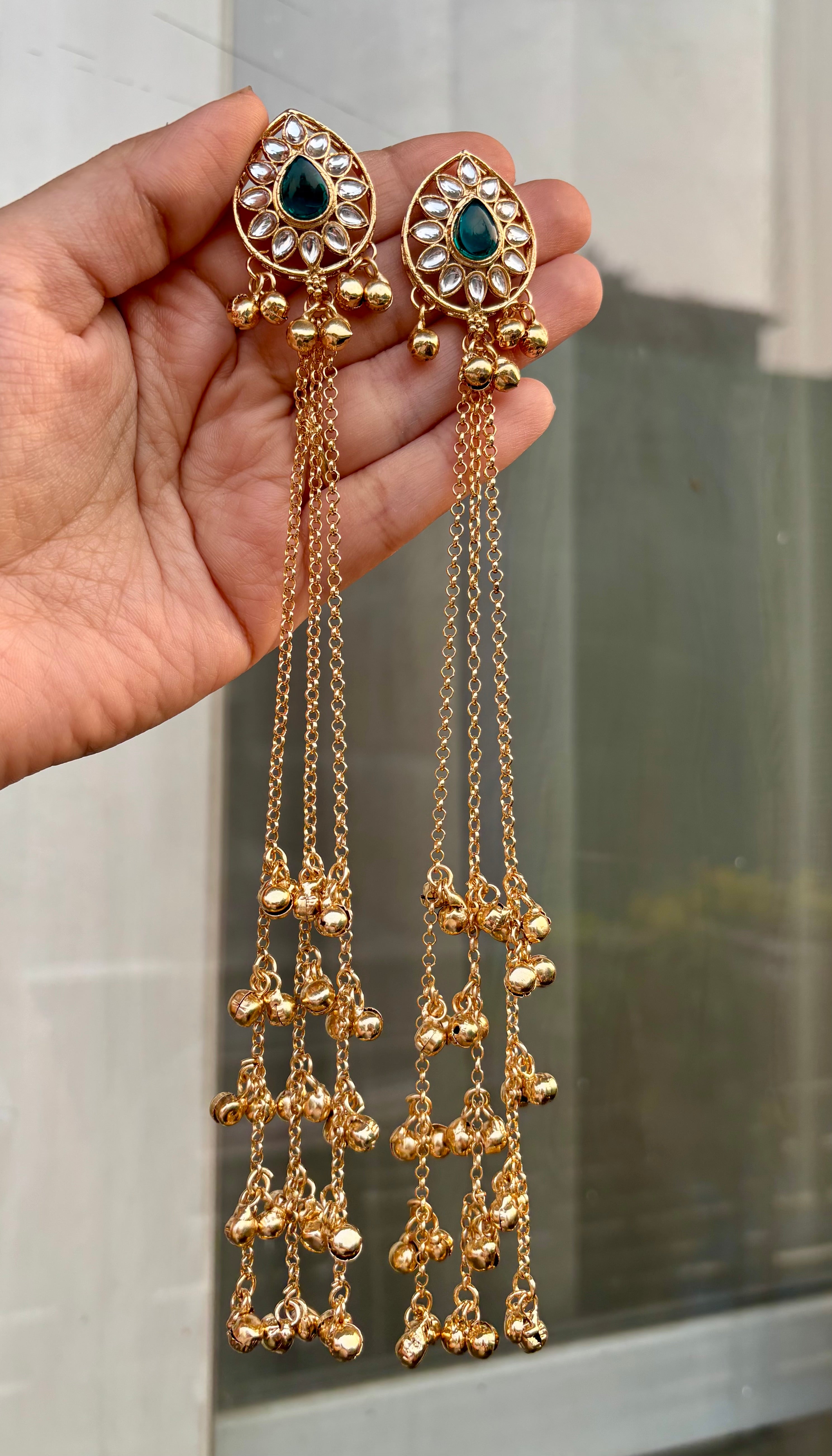 Almond Rama Green Stud Kashmiri Long Layer Ghungroo Earrings