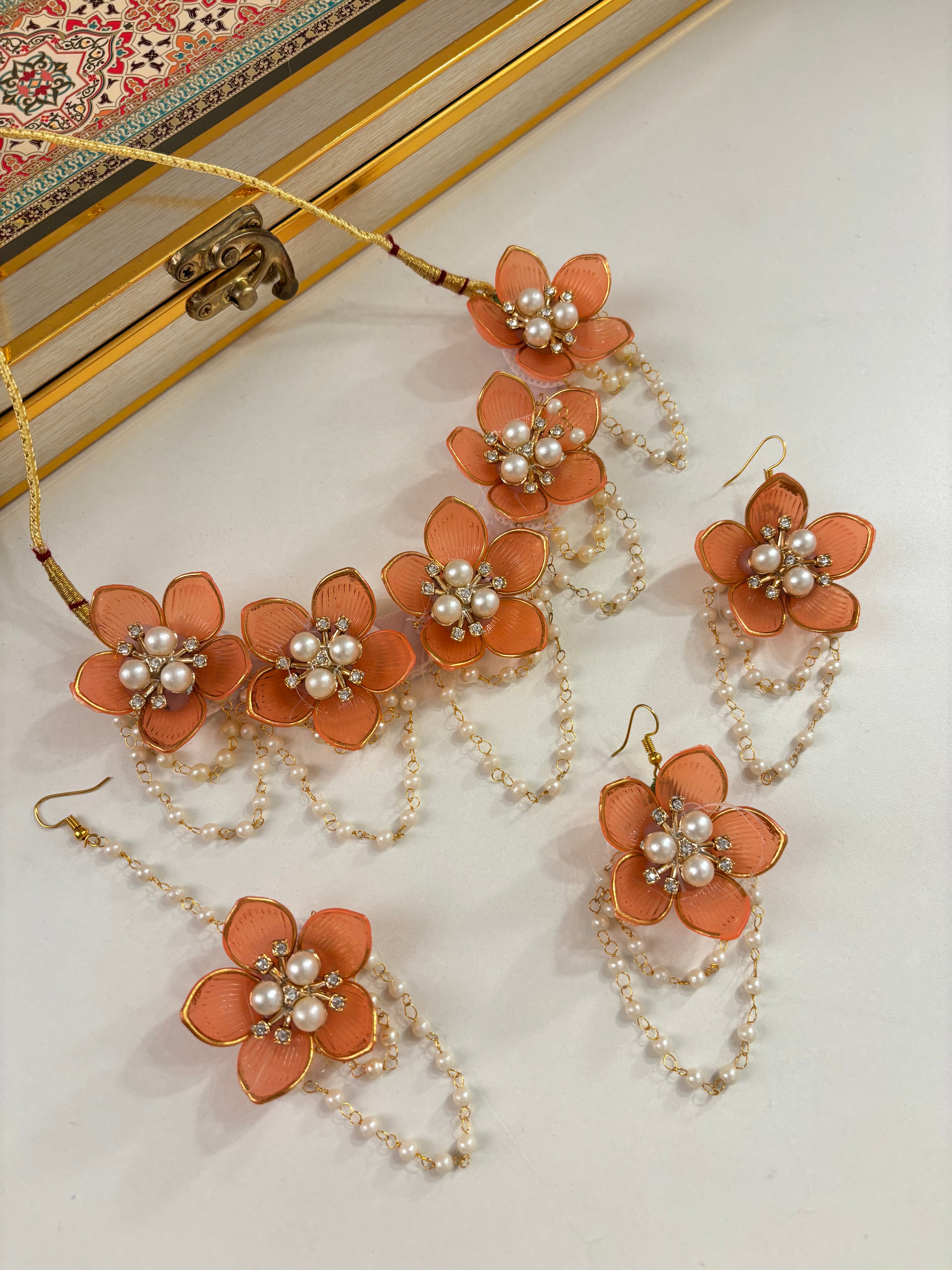 Flower Petal Floral Necklace With Mang Tikka & Earrings (Orange)
