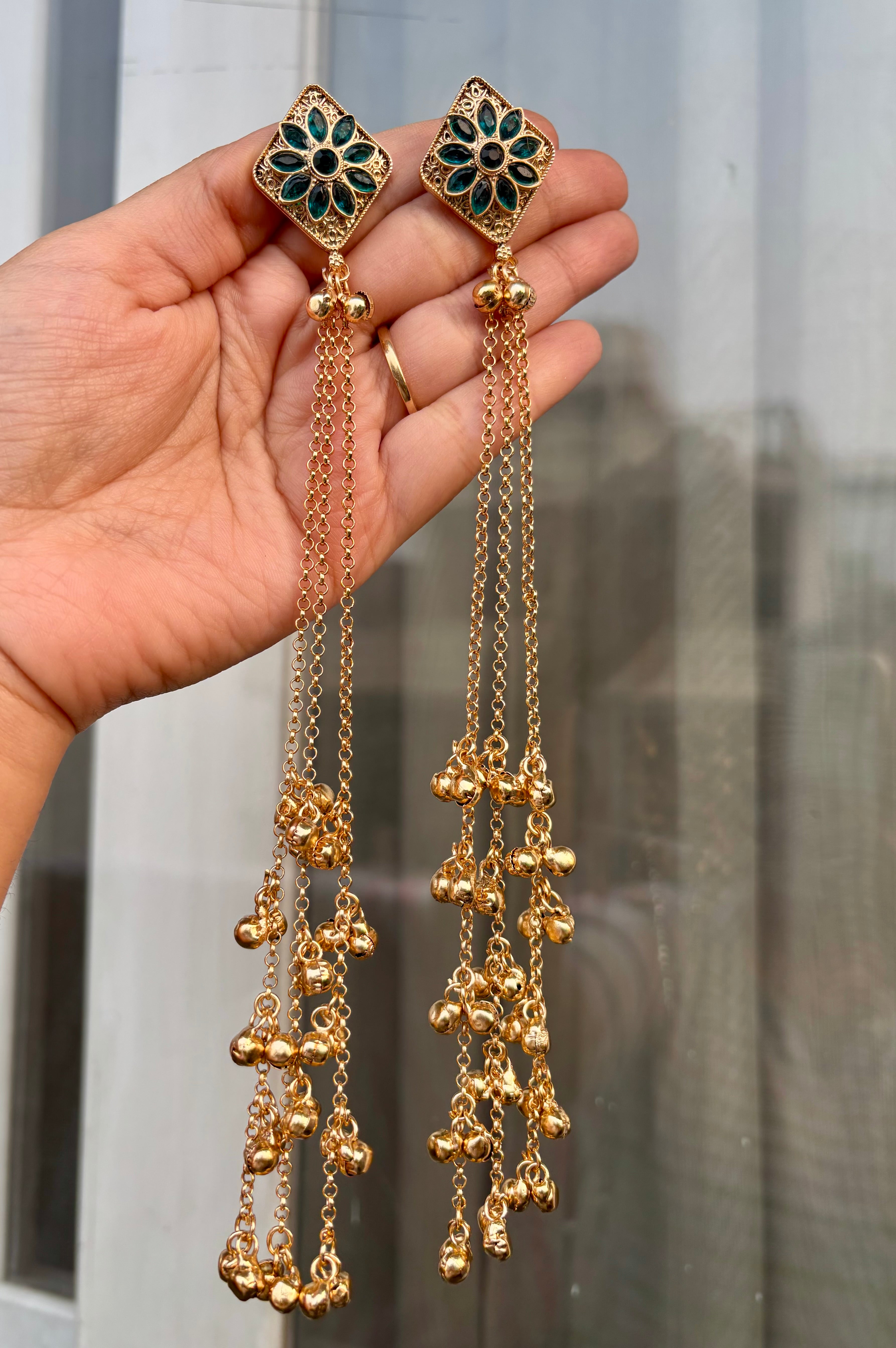 Rama Green Daisy Stud Kashmiri Long Layer Ghungroo Earrings