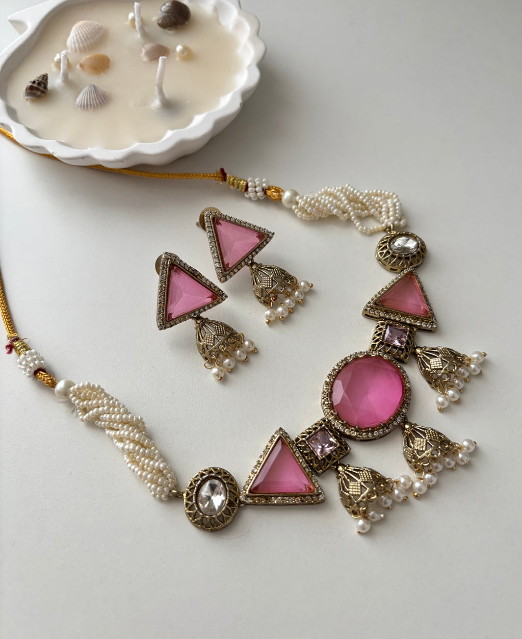 Jazz Doublet Stone Work Choker With Earrings (Pink)