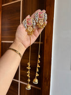Golden & Silver Combination Long Kashmiri Earrings (Pink )