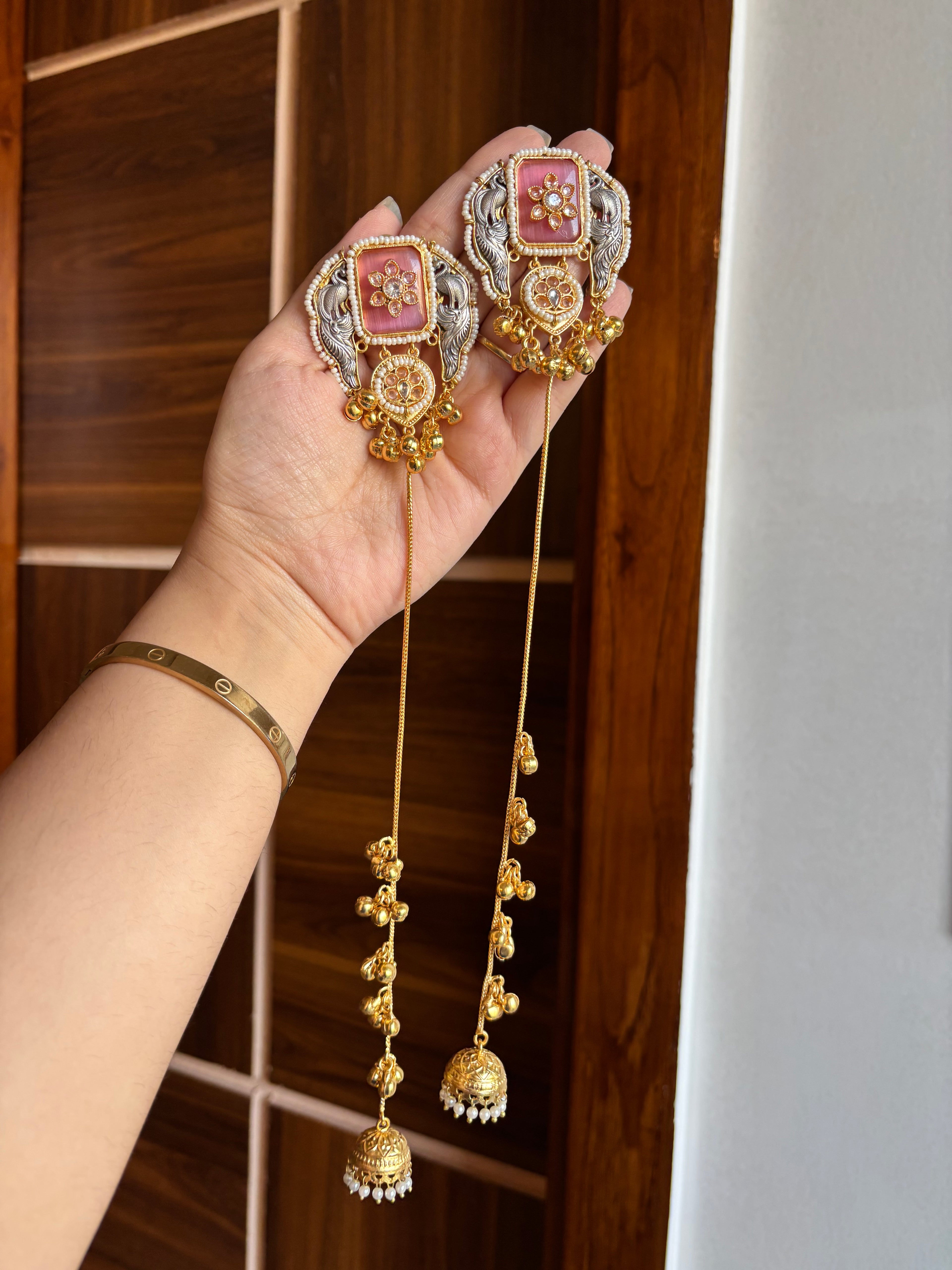 Golden & Silver Combination Long Kashmiri Earrings (Pink )