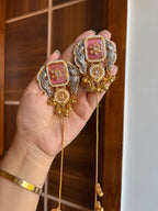 Golden & Silver Combination Long Kashmiri Earrings (Pink )