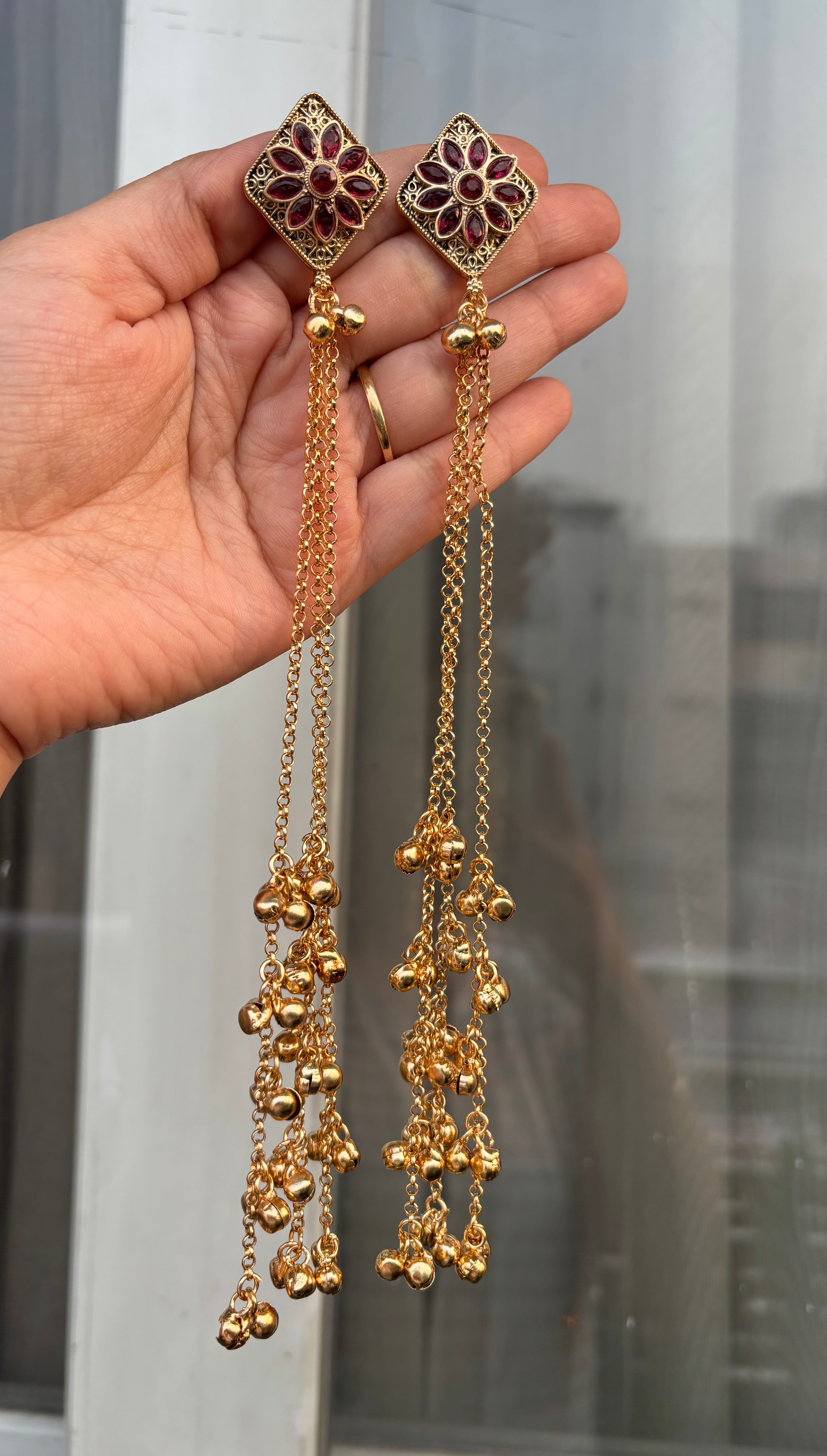 Wine Daisy Stud Kashmiri Long Layer Ghungroo Earrings