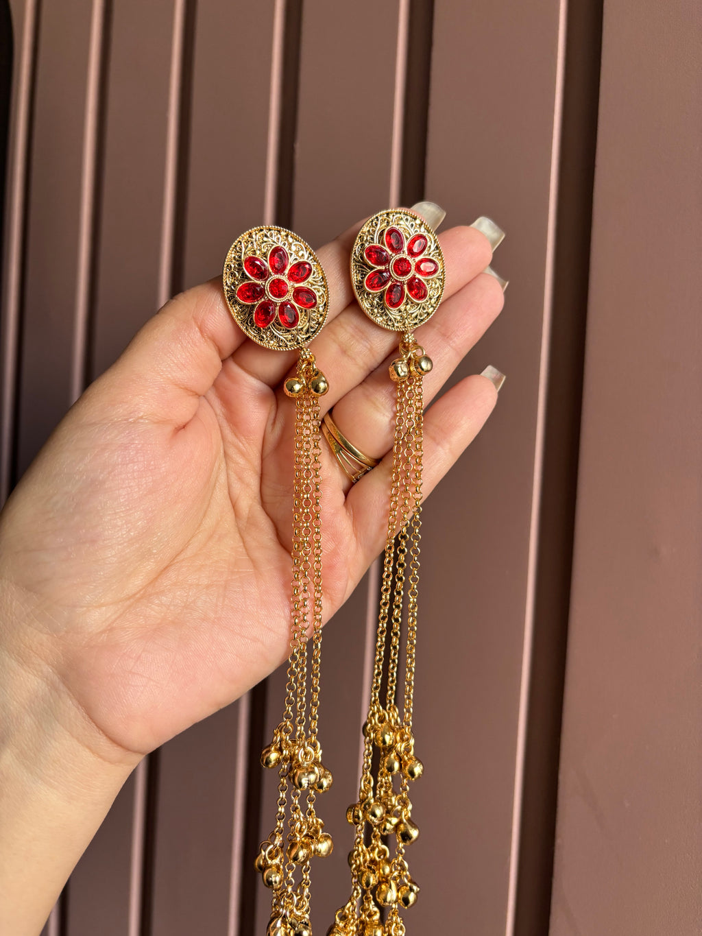 Red Oval Kashmiri Long Earrings