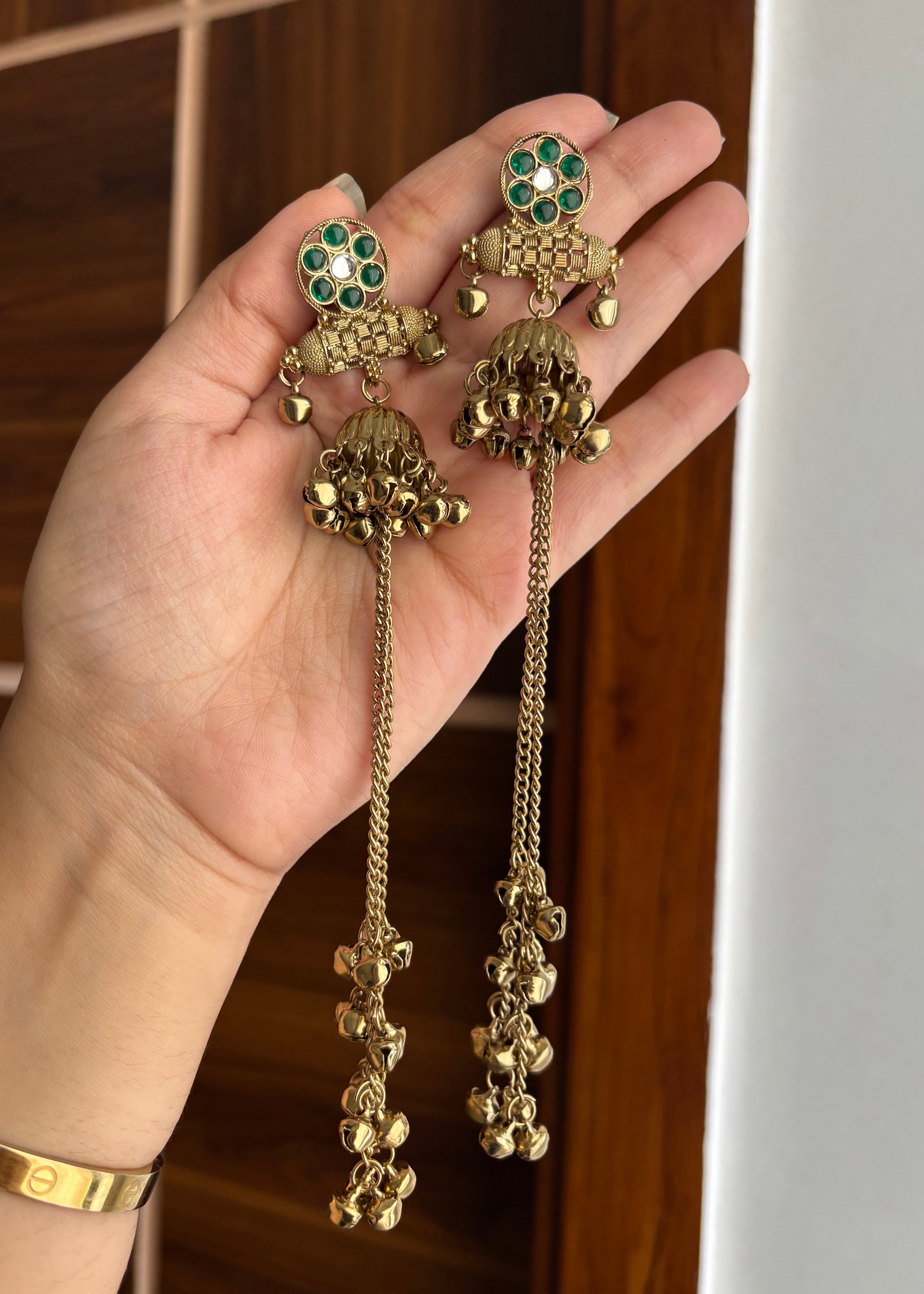 Daisy Kashmiri Jhumkas With Long Layers (Green)