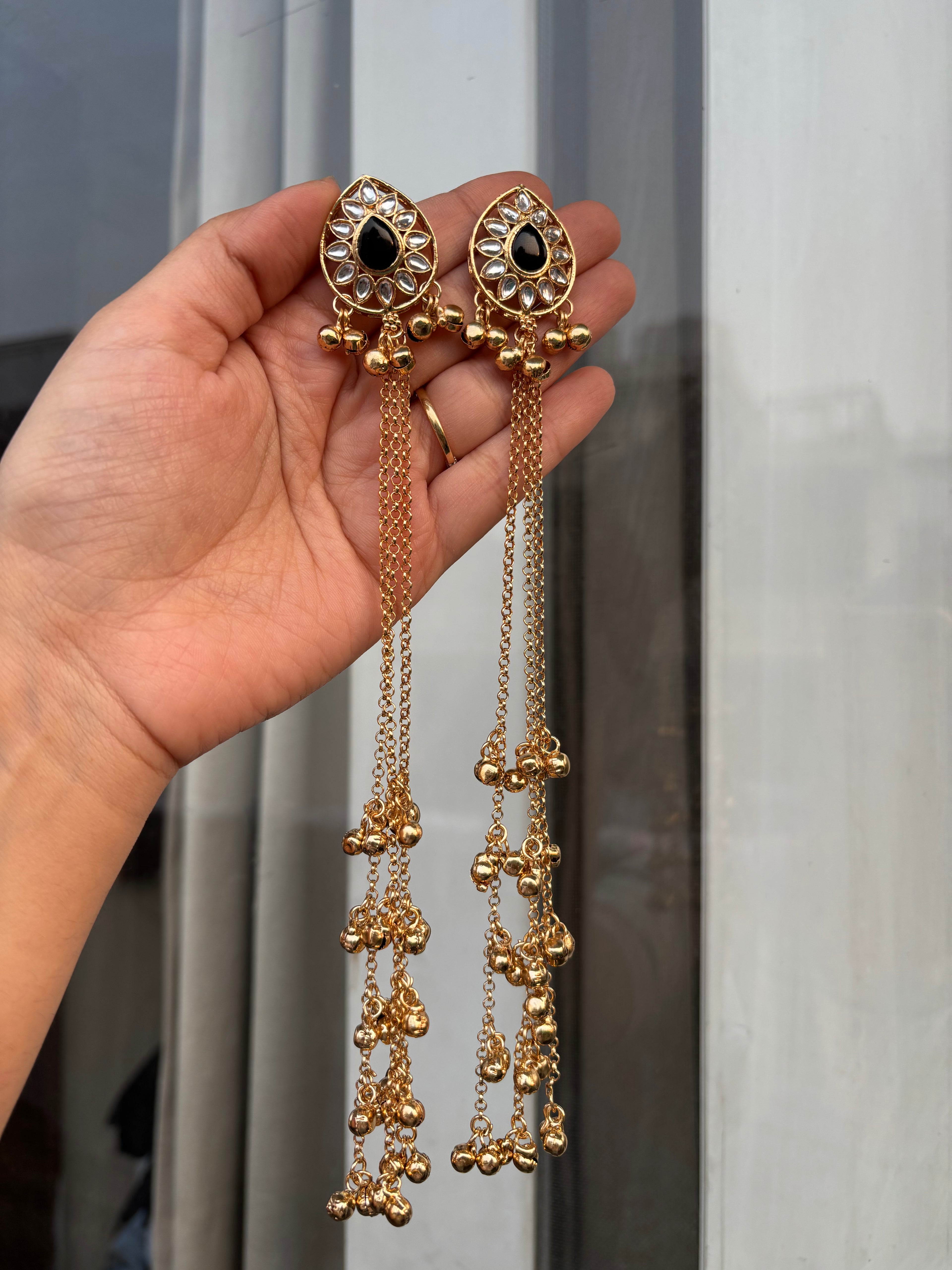 Black Kundan Dupe Stud Kashmiri Long Layer Ghungroo Earrings