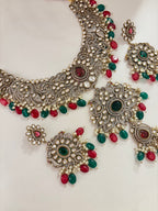 Premium Heavy Look Royal Necklace With Earrings (Maroon/Emerald)