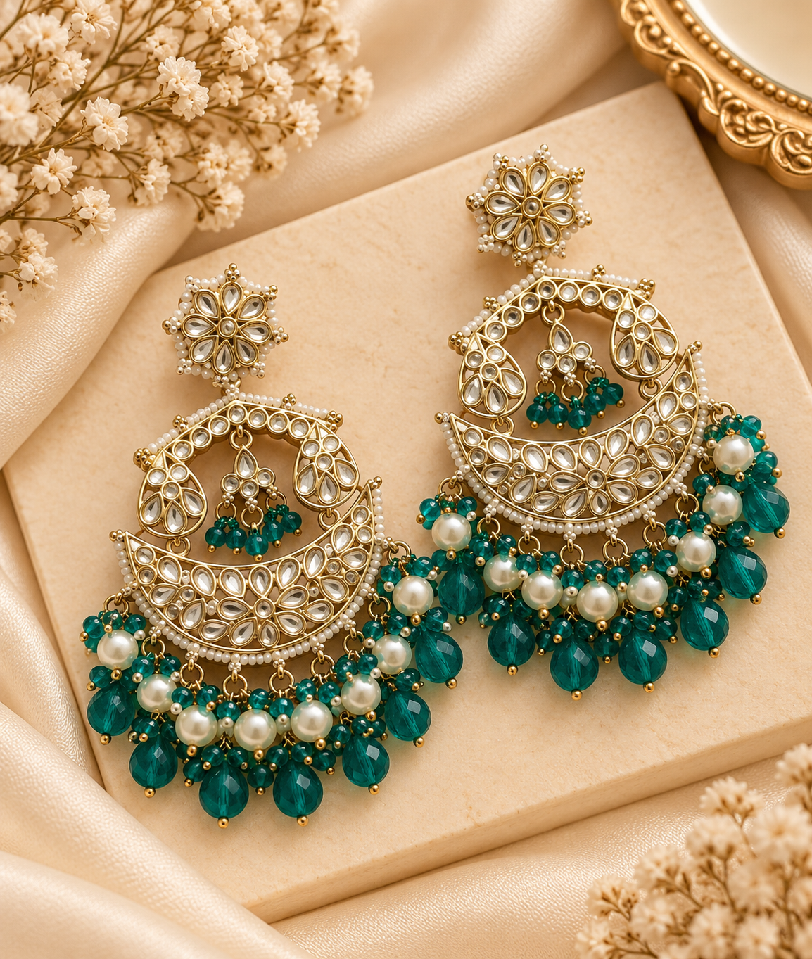 Varsha Kundan Earrings (Teal Green)