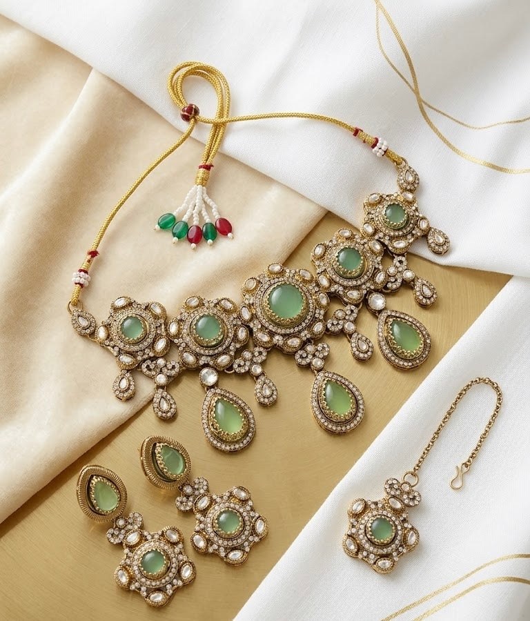 Princess Jasmine Turkish Choker Set With Mang Tikka & Earrings (Mint)