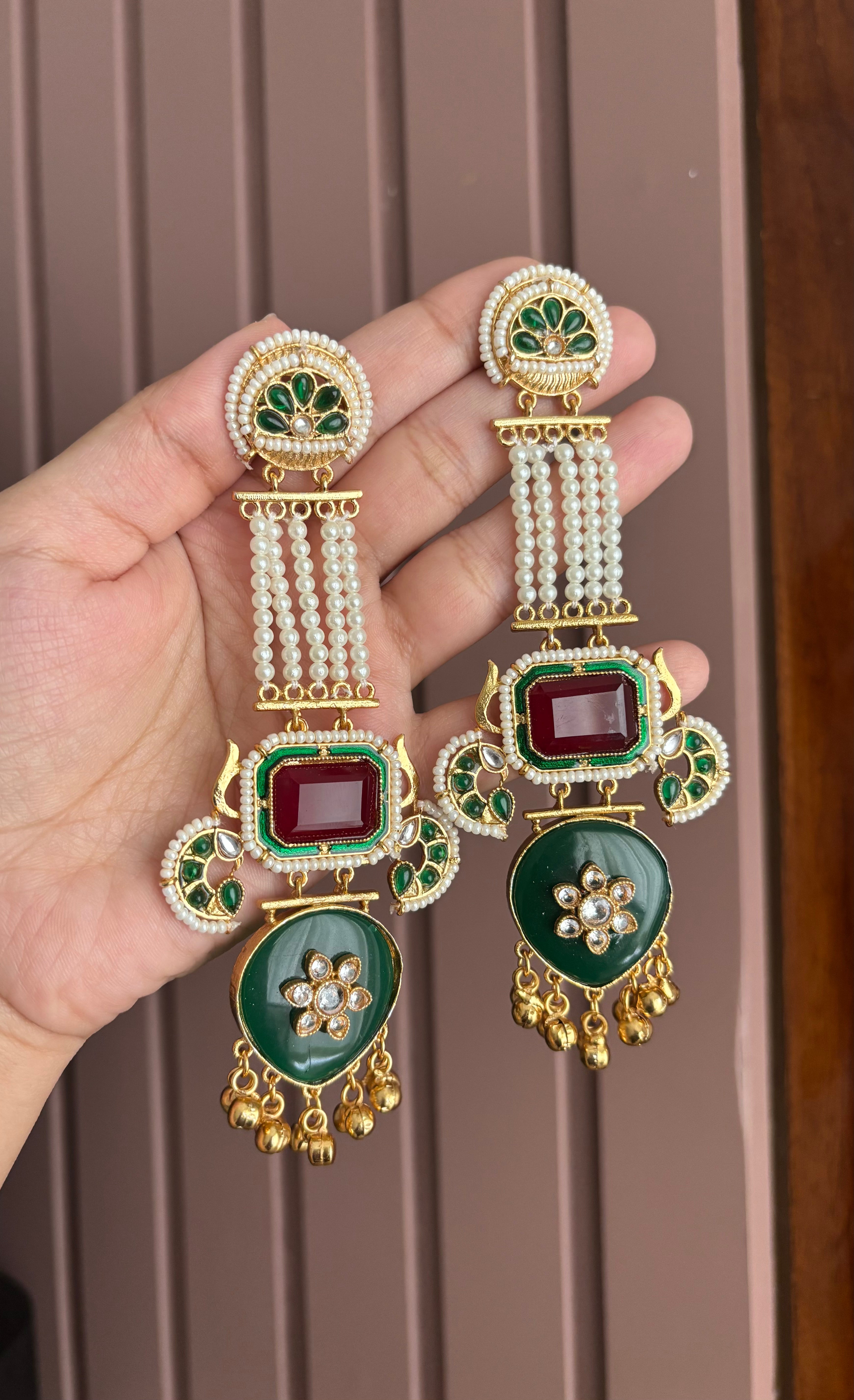 Long Mughal Ghungroo Touch Earrings (Maroon/Green)