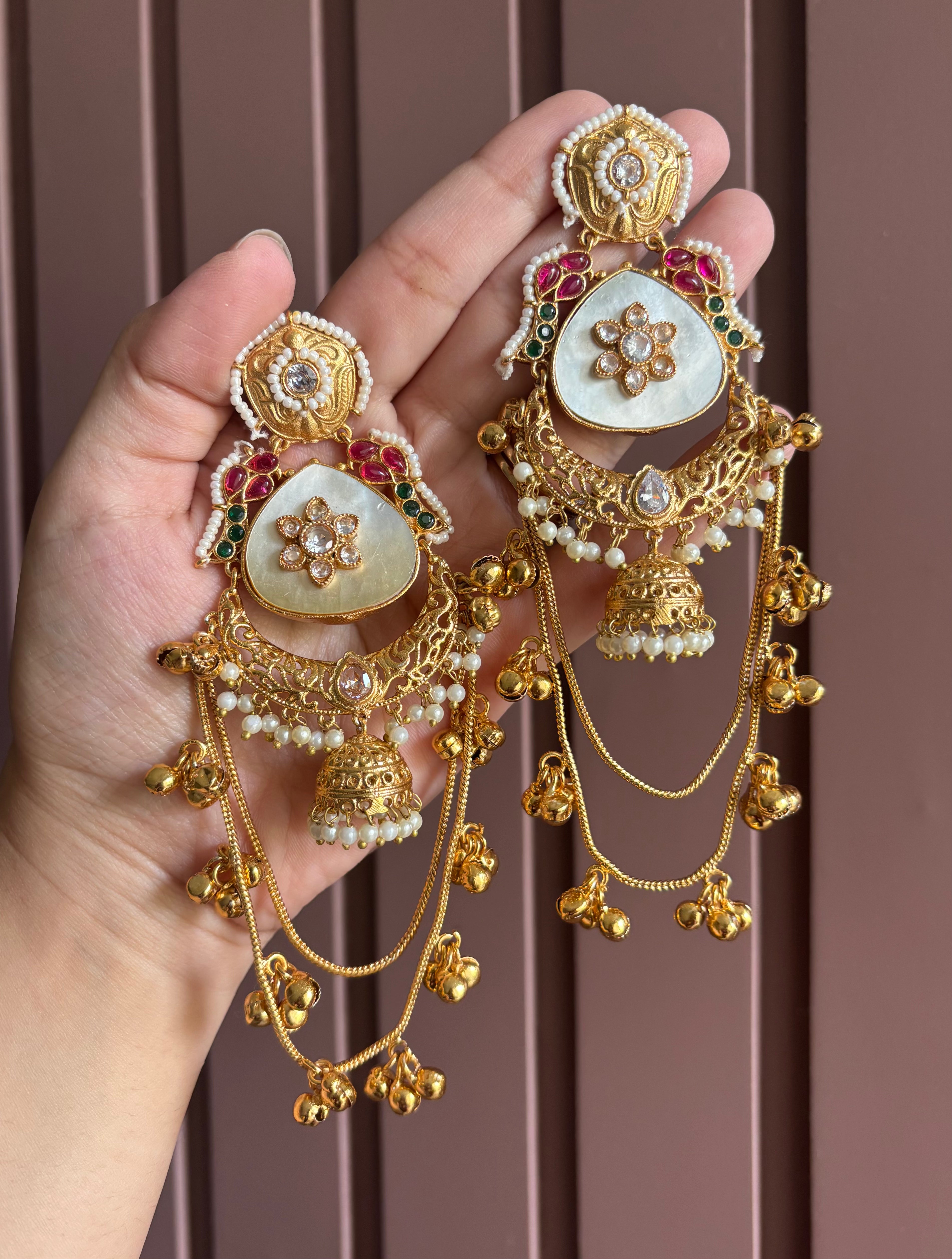 Sajke Kashmiri Long Earrings (Pearl)