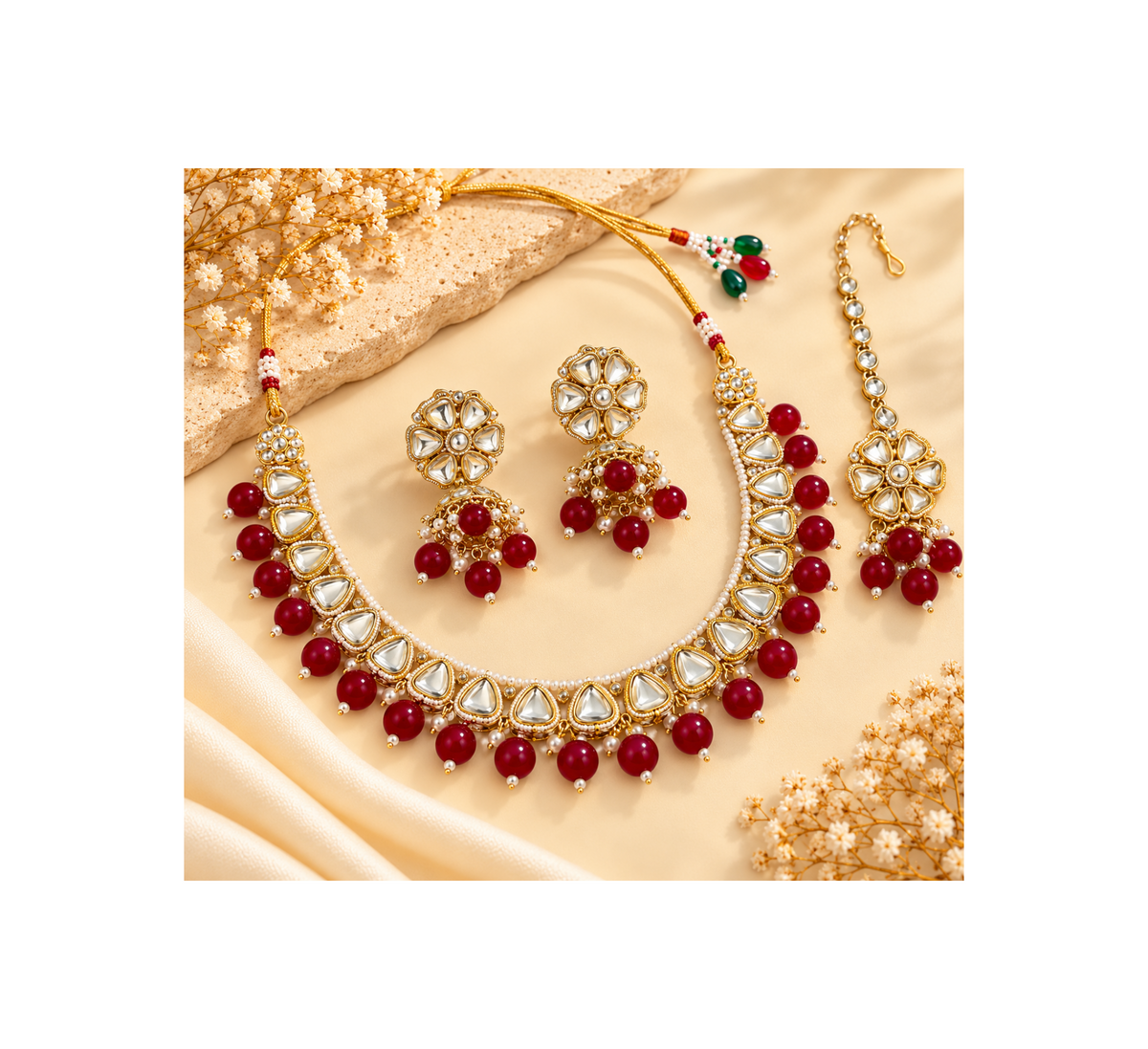 Red Sleek Necklace With Mang Tikka With Jhumkas