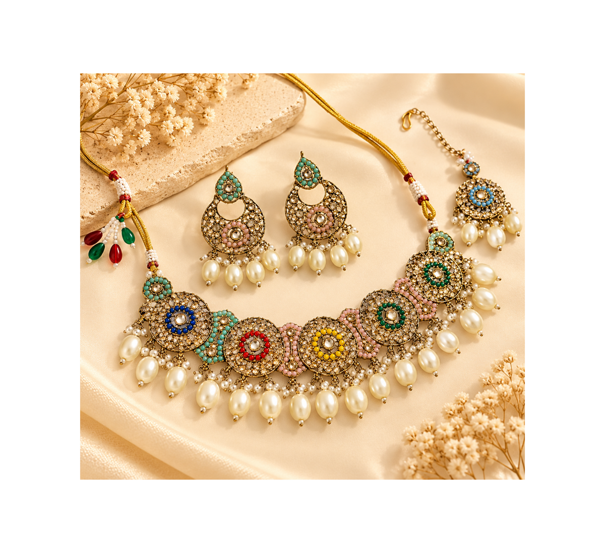 Jadau Multi Choker Set With Mang Tikka & Earrings
